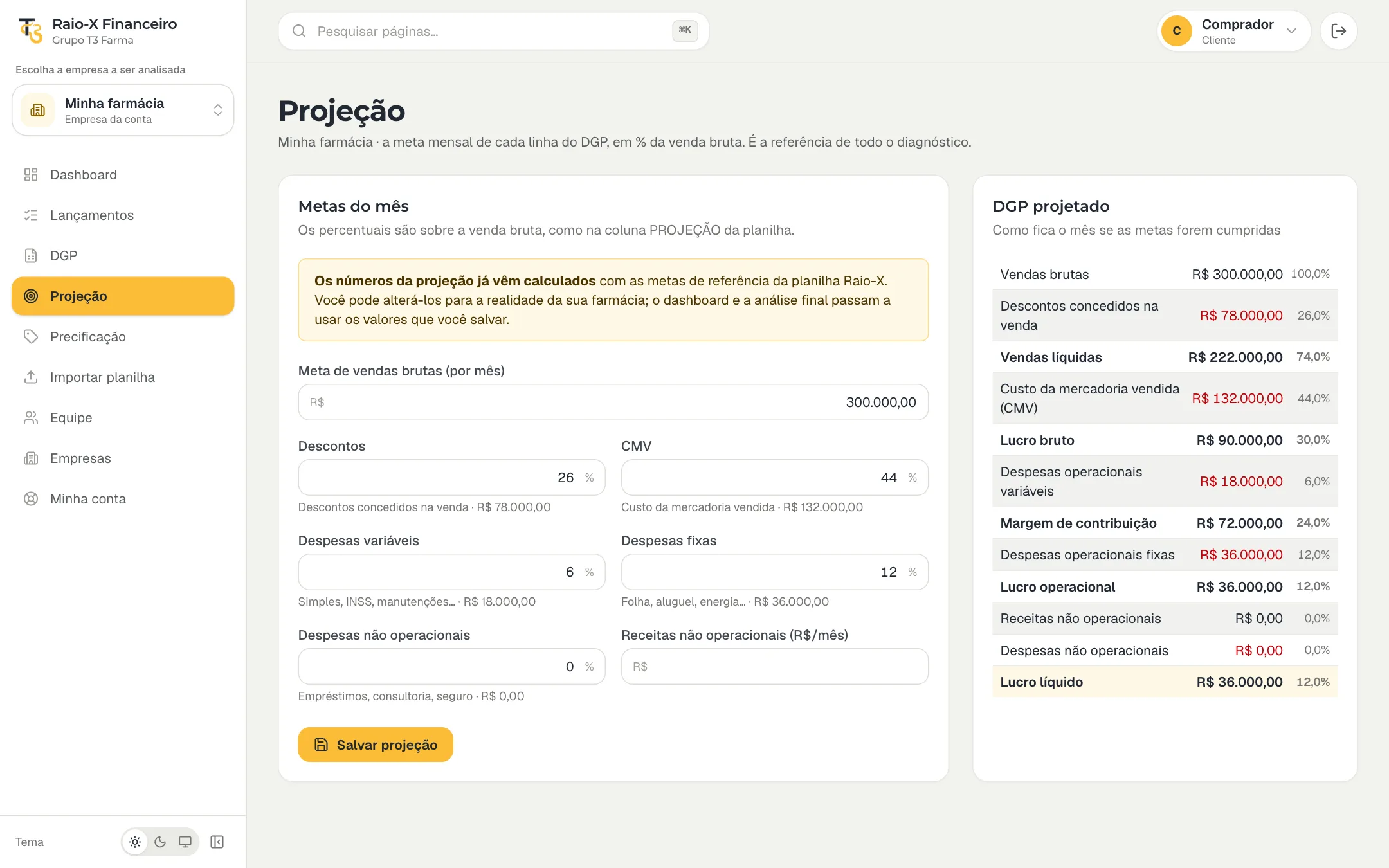 Projeção e metas no Gerenciador Financeiro
